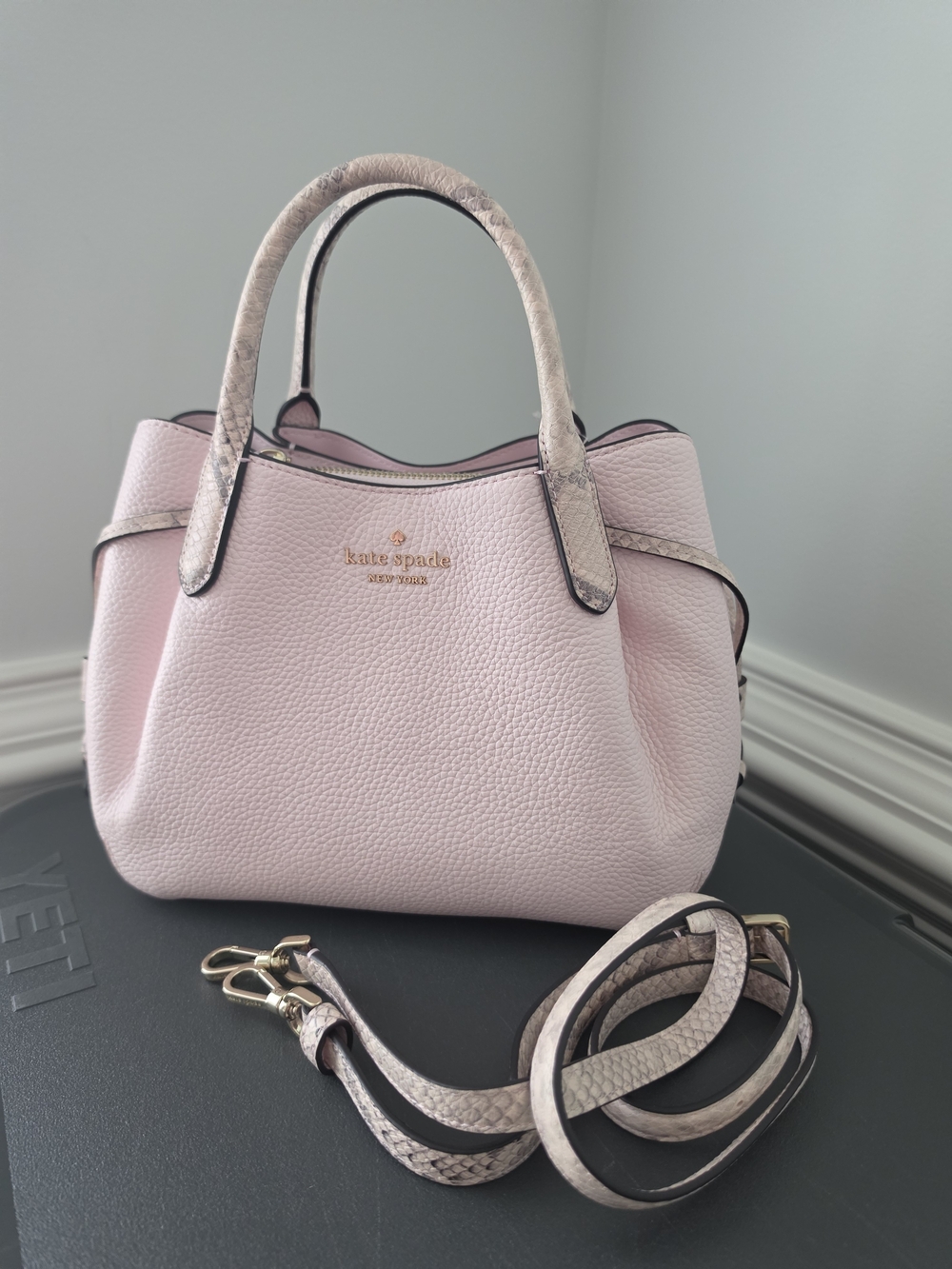 kate spade Pink Pebbled Leather Satchel with Snake-Print Trim
